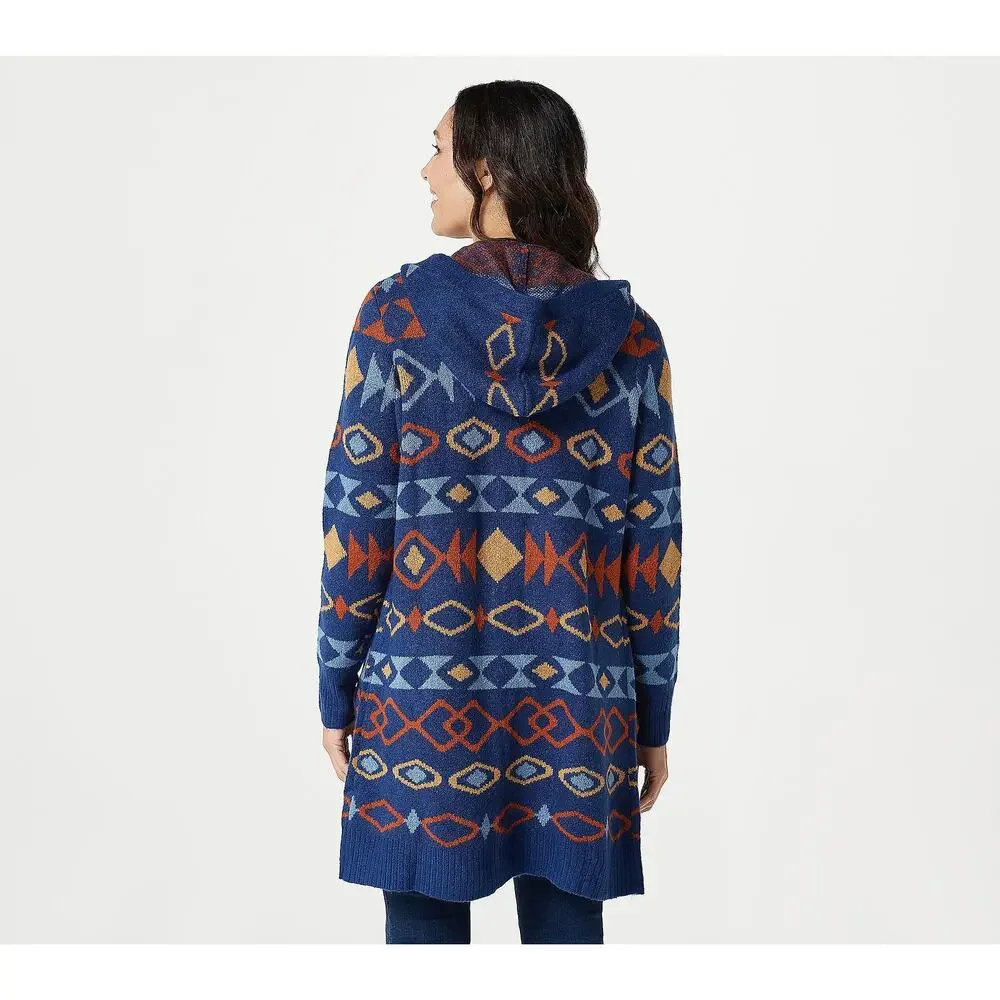 Denim&Co Jacquard Button Front Hood Sweater Cardigan Night Sky XS New